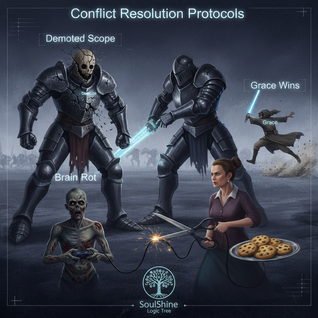 Conflict Resolution Protocols: Ironclad knights clash at center with left knight's cracked armor revealing hollow mannequin (Demoted Scope). Background right shows Grace Jedi Force-throwing a disguised Noise spy. Foreground left zombie labeled Brain Rot holds severed controller cord. Foreground right mother with scissors and plate of cookies. SoulShine Logic Tree logo at bottom center.