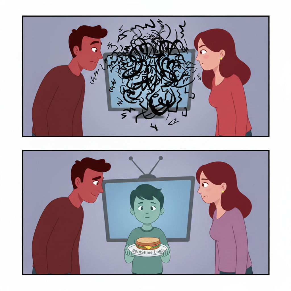 Two-panel comic: Top panel shows two parents arguing with chaotic scribbles of Noise between them. Bottom panel shows their young son standing between them holding a sandwich on a SoulShine Logic plate as high as he can, distressed but brave. The parents pause.