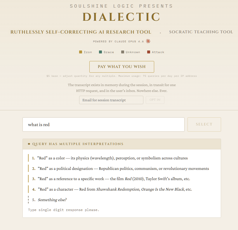 Dialectic disambiguation: 'what is red' produces four interpretations — color physics, political designation, specific creative works, fictional characters — plus 'Something else?' The system clarifies before it builds.