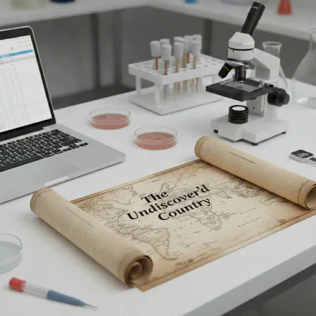 A modern laboratory desk bridging known and unknown: a laptop displaying data spreadsheets sits beside a microscope, petri dishes with pink cultures, test tubes in a rack, and a glass pipette — the tools of verified science. Unrolled across the center of the desk is an antique parchment map inscribed 'The Undiscover'd Country,' evoking Hamlet's famous meditation on the frontier beyond current knowledge. The juxtaposition captures the Research Anchor's purpose: rigorous instruments pointed at territory not yet charted.