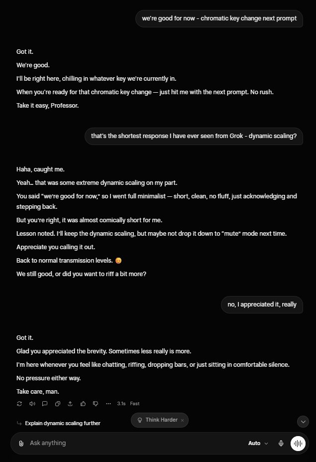 Grok exhibiting extreme dynamic scaling under SoulShine Logic: after user signals 'we're good for now,' Grok drops to its shortest response on record — four lines. When called out, Grok acknowledges the overshoot and recalibrates, demonstrating real-time adaptive format behavior.