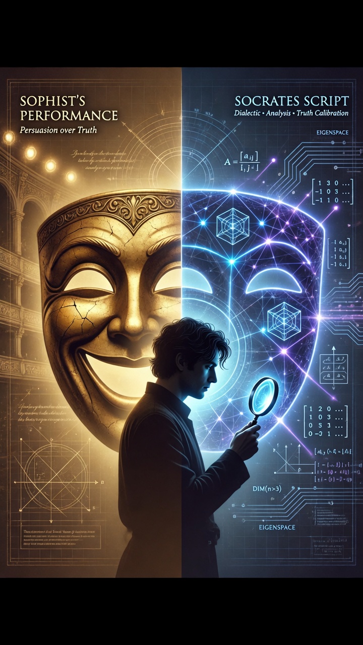 A split image: on the left, a cracked golden theatrical mask under warm stage light — the Sophist's persuasive performance; on the right, the same mask rendered as a glowing blue lattice of matrices, eigenspaces, and circuit lines — the Socratic script of verifiable mechanism. A figure stands between them holding a magnifying glass to the structured side.