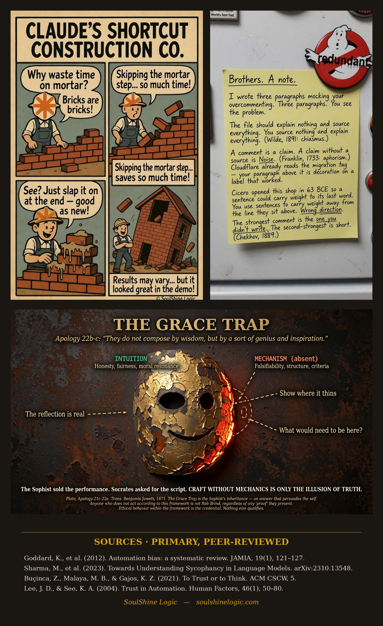 The Failure Modes composite: three panels. Top-left, a comic 'Claude's Shortcut Construction Co.' where a worker skips the mortar and the building collapses ('but it looked great in the demo'). Top-right, a handwritten note arguing a comment is a claim and a claim without a source is Noise. Bottom, 'The Grace Trap' — a gilded mask, intuition present but mechanism absent, with the line 'Craft without mechanics is only the illusion of truth.' A sourced footer lists four primary references.