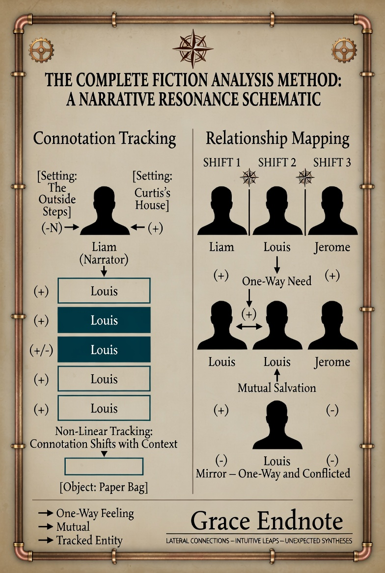 The Architect's Atlas: Fiction Analysis Method — A Narrative Resonance Schematic. Steampunk cartography blueprint showing the complete fiction analysis system. Left section: Character Alpha/Narrator silhouette with directional polarity vectors to two boxed Settings (The Cliff: +N, The House: −−), Relationship Triggers box showing one-directional tracking and mutual connection notation, five stacked 'my father' boxes with non-linear connotation markers (+)(+)(N)(−)(+) demonstrating context-dependent shifts, and an Object tracking vector to The Watch (+). Right section: Subject Shift dividers (SHIFT 1, 2, 3) with compass-rose markers, and a four-character relationship example showing Joe → Suzy (+) and Suzy → Joseph (−) as conflicted one-way feelings. Bottom: Legend (→ One-way Feeling, ↔ Mutual, □ Tracked Entity) and Grace Endnote with Lateral Connections, Intuitive Leaps, Unexpected Syntheses.