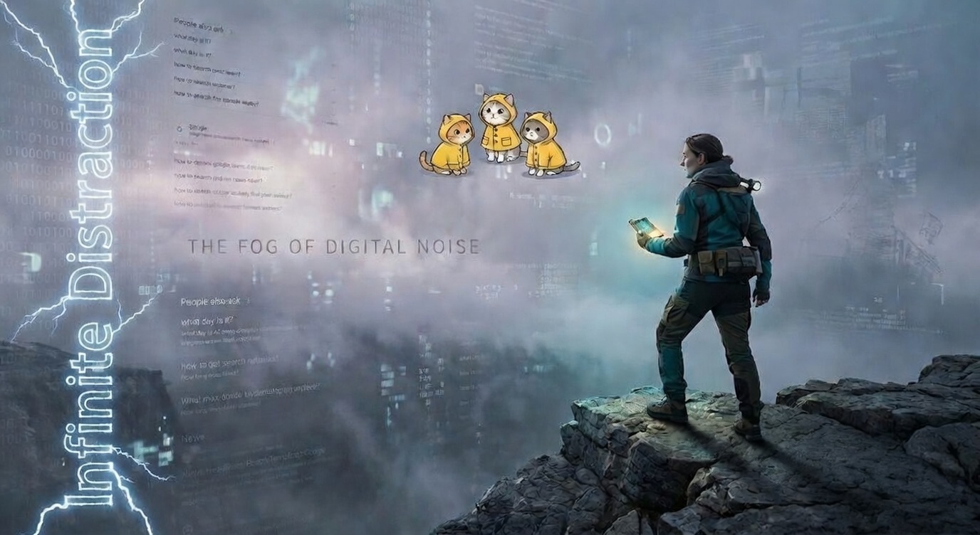Cyberpunk digital fog scene: Explorer on cliff with lantern device piercing 'Infinite Distraction' lightning and code-question mist, watched by three cute cats in raincoats. Illustrates The Fog of Digital Noise in SoulShine Logic framework for precise internet querying and source filtering.