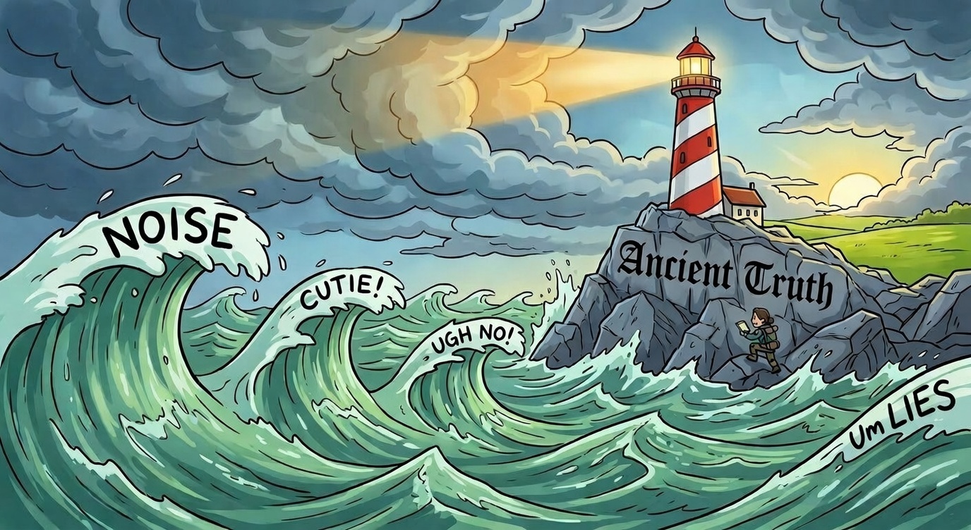 Cartoon stormy waves labeled NOISE, CUTIE, UGH NO, UM LIES crashing on Ancient Truth rock with red-white lighthouse beaming light; climber ascends. Visual metaphor for filtering deceptive signals in SoulShine Logic's Socratic questioning and research protocol.