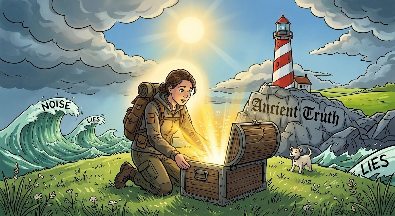 Sunny discovery on Ancient Truth: Adventurer opens glowing treasure chest near lighthouse, with dog companion; receding NOISE and LIES waves. Represents synthesis and truth revelation in SoulShine Logic's steps to get reliable internet answers through source verification.