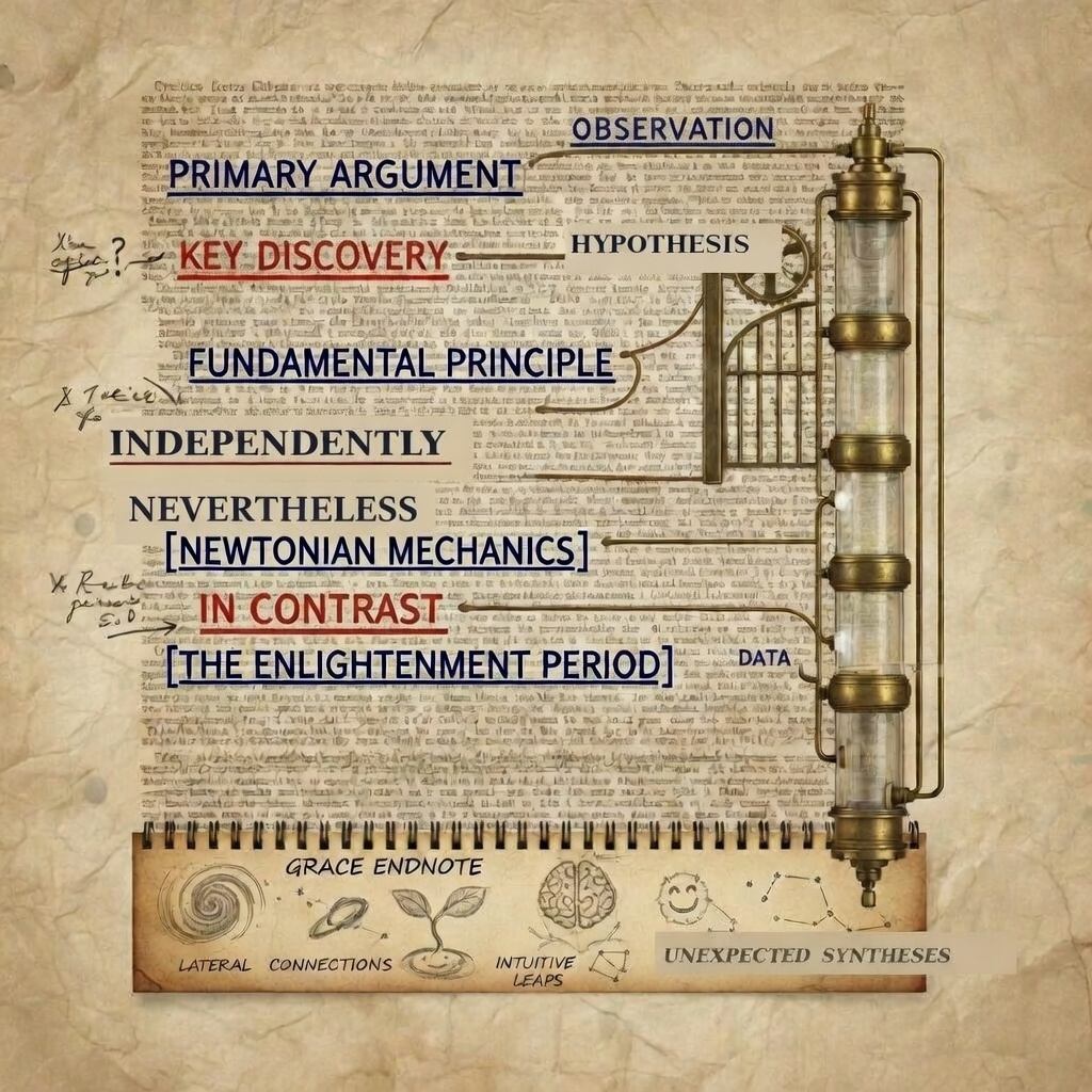 The Soulshine Logic Research Anchor: an aged parchment page of dense scholarly text with a brass steampunk scientific apparatus — resembling a compound microscope or alchemical distillation column — running vertically as the visual spine. Bold overlaid labels trace a top-to-bottom reasoning hierarchy: OBSERVATION, PRIMARY ARGUMENT, KEY DISCOVERY, HYPOTHESIS, FUNDAMENTAL PRINCIPLE, INDEPENDENTLY, NEVERTHELESS, bracketed NEWTONIAN MECHANICS, the red-underlined IN CONTRAST bridge, and bracketed THE ENLIGHTENMENT PERIOD, with DATA feeding into the apparatus. Below, a spiral-bound notebook section labeled GRACE ENDNOTE holds hand-drawn icons — a nautilus spiral, a sprouting plant, a brain, a smiley face, and a constellation — captioned LATERAL CONNECTIONS, INTUITIVE LEAPS, and UNEXPECTED SYNTHESES. Handwritten margin notes in the style of a working researcher appear throughout.