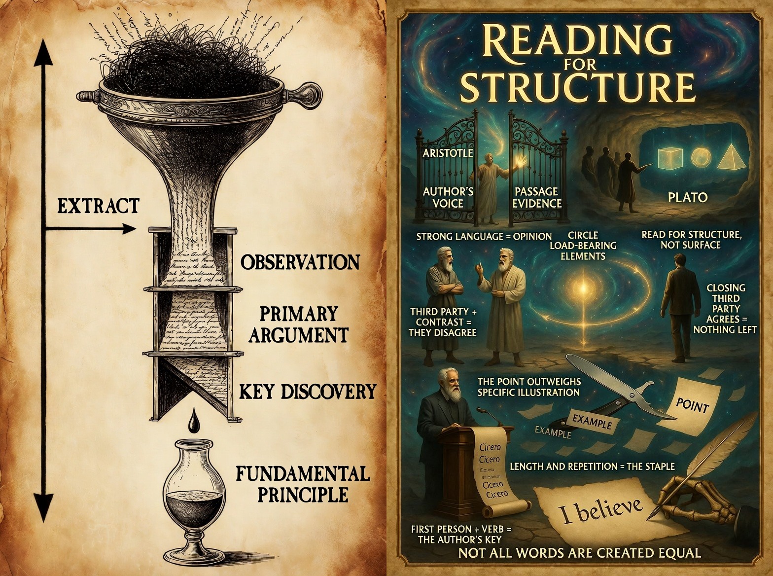 The SoulShine Logic Research Anchors — three-panel triptych. Left: Non-Fiction reading process — aged parchment with brass steampunk distillation apparatus as visual spine, tracing a top-to-bottom reasoning hierarchy: OBSERVATION, PRIMARY ARGUMENT, KEY DISCOVERY, HYPOTHESIS, FUNDAMENTAL PRINCIPLE, INDEPENDENTLY, NEVERTHELESS, bracketed NEWTONIAN MECHANICS, the red-underlined IN CONTRAST bridge, and bracketed THE ENLIGHTENMENT PERIOD, with DATA feeding into the apparatus. Below, a spiral-bound GRACE ENDNOTE section with icons for LATERAL CONNECTIONS, INTUITIVE LEAPS, and UNEXPECTED SYNTHESES. Center: Interpretive framework and TRS checklist — a reading strategy anchor with iron gate marked OPINION flanked by Author's Voice and Passage Evidence pillars, glowing icosahedron, skeleton hand writing in an ancient book, and silhouetted figures beneath a cosmic spiral. Right: Fiction Analysis Method — Narrative Resonance Protocol — theater curtains framing an open book as stage, with repeated 'my father' node labels at different positions carrying different emotional charge (+/−), three silhouetted figures on setting islands surrounded by valence markers, and a GRACE ENDNOTE with emotion taxonomy icons. The triptych provides a complete scaffold for non-fiction research, structured reading, and fiction analysis.