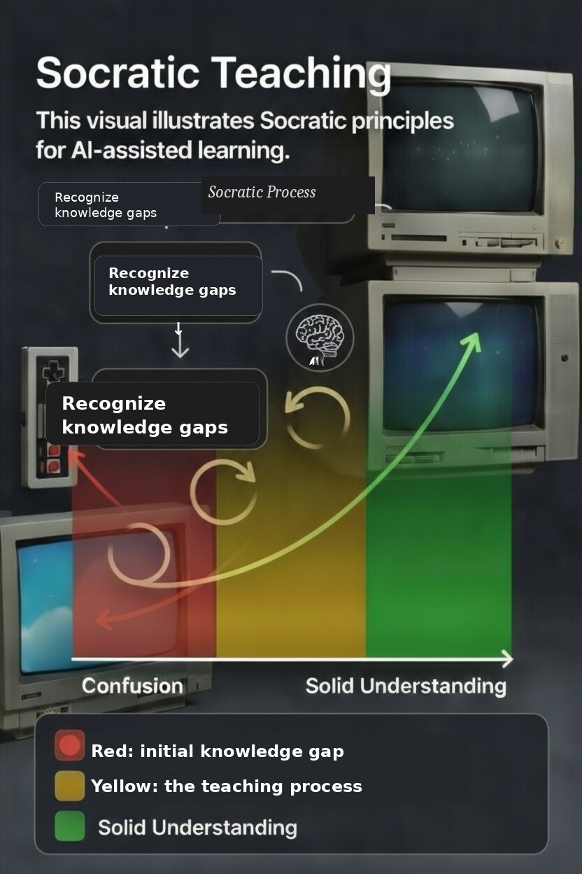 Socratic Teaching visual for AI-assisted learning: progression from Confusion (red) through Teaching Process (yellow) to Solid Understanding (green), with CRT monitors showing iterative Socratic Process cycles, arrows indicating recognize knowledge gaps feedback loops, and brain icon at center.
