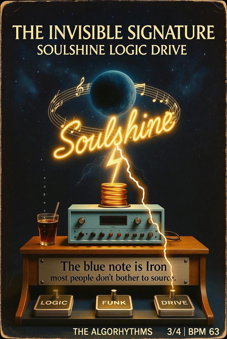 SoulShine Logic footer — The Invisible Signature album cover with LOGIC, FUNK, DRIVE pedals