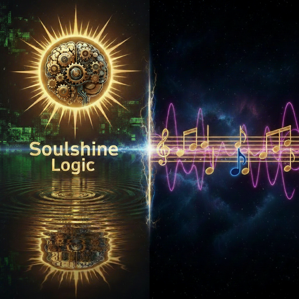 SoulShine Logic footer: dual-hemisphere design with sunburst gear-brain logo on left representing logic and mechanical cognition, blues musical staff with notation on right representing artistic rigor, connected by lightning bridge — music, literature and art deserve equal processing power.