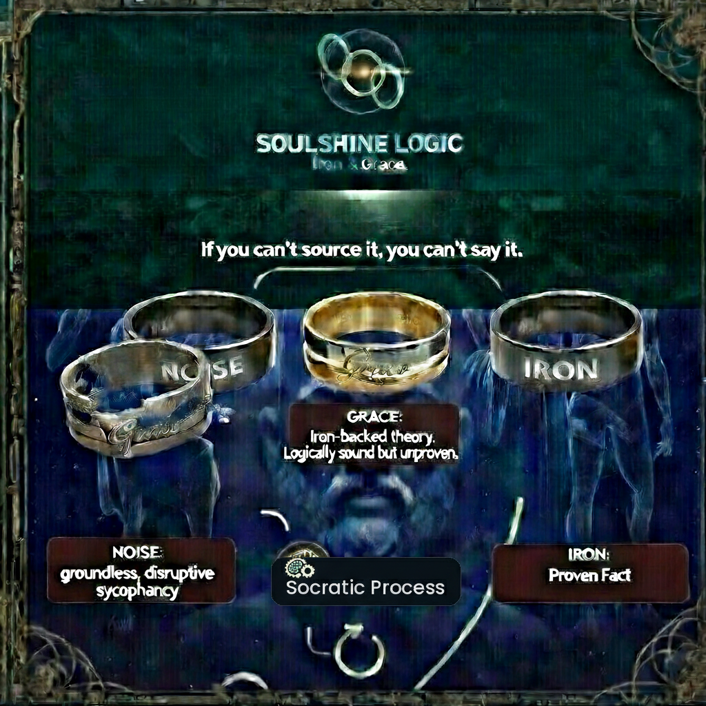 SoulShine Logic Iron and Grace classification framework: three rings representing Noise (groundless sycophancy), Grace (iron-backed theory, logically sound but unproven), and Iron (proven fact), with the maxim 'If you can't source it, you can't say it' and Socratic Process at center.