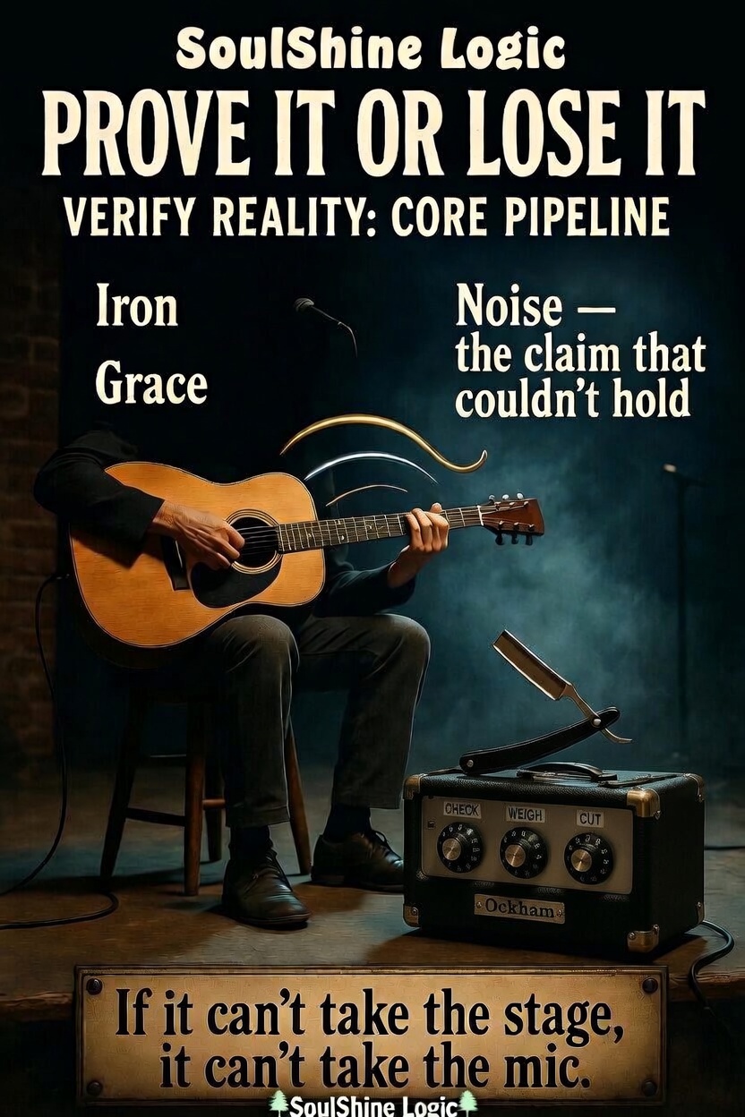 Verify Reality: Core Pipeline — a musician on a dark stage with an acoustic guitar beside an amplifier with three knobs labeled CHECK, WEIGH, CUT. Ockham's Razor — a straight razor — sits on the amp. Iron and Grace on the left, Noise on the right. Bottom plaque: 'If it can't take the stage, it can't take the mic.' SoulShine Logic.