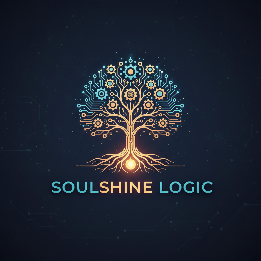 SoulShine Logic logo: a tree whose branches are circuit traces and gears, roots glowing around a central seed.