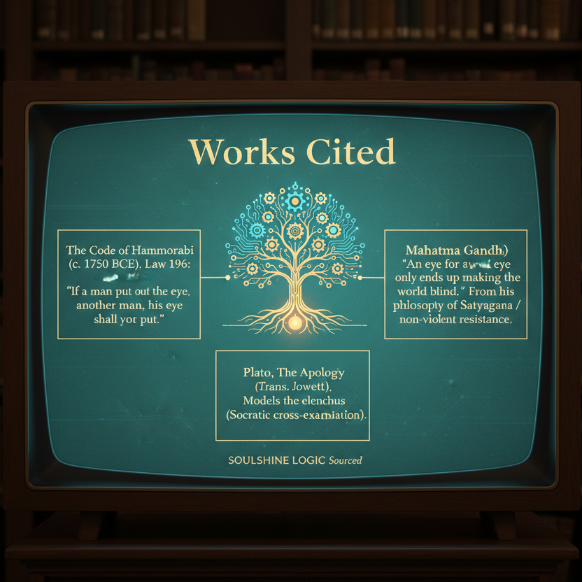 Works Cited: Plato, The Republic. Socratic Flow Chart on CRT monitor. Iron, Grace, and Noise rings on open book showing SoulShineLogic.com definitions. Click to return to home page.