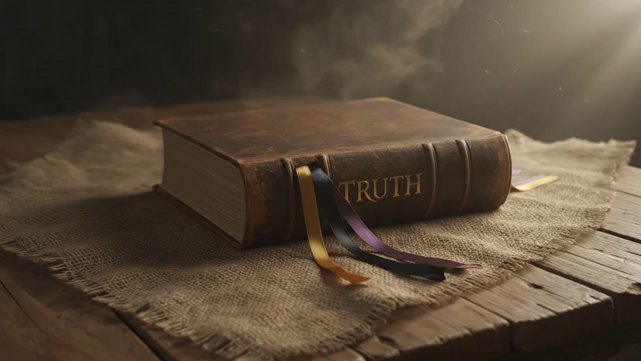 Frame 1: A leather-bound book embossed with the word TRUTH in gold lettering rests closed on burlap cloth over a wooden table. Ribbon bookmarks in gold, black, and purple trail from the pages. Dust motes float in warm directional light from the upper right.
