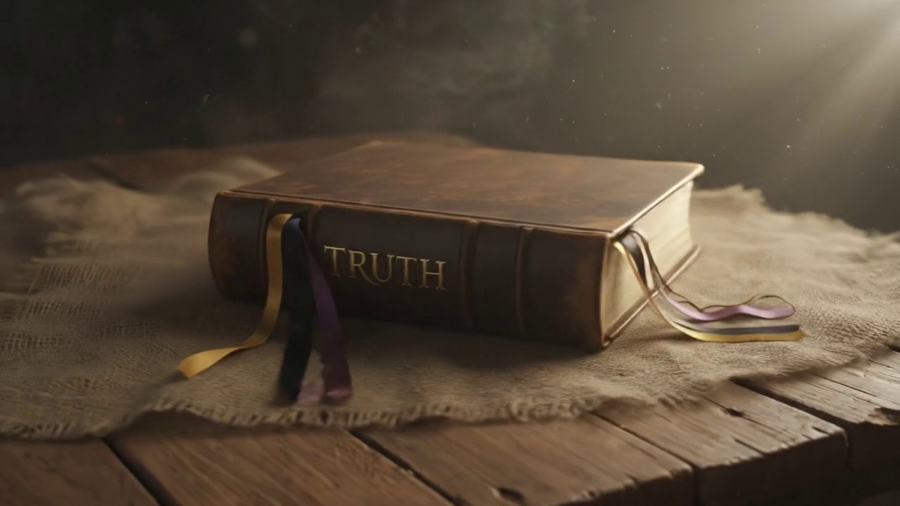 Frame 2: The same leather-bound TRUTH book, now seen from a slightly shifted angle. The gold, black, and purple ribbon bookmarks are more visible trailing from both sides. The book remains closed. The light is warm and steady.