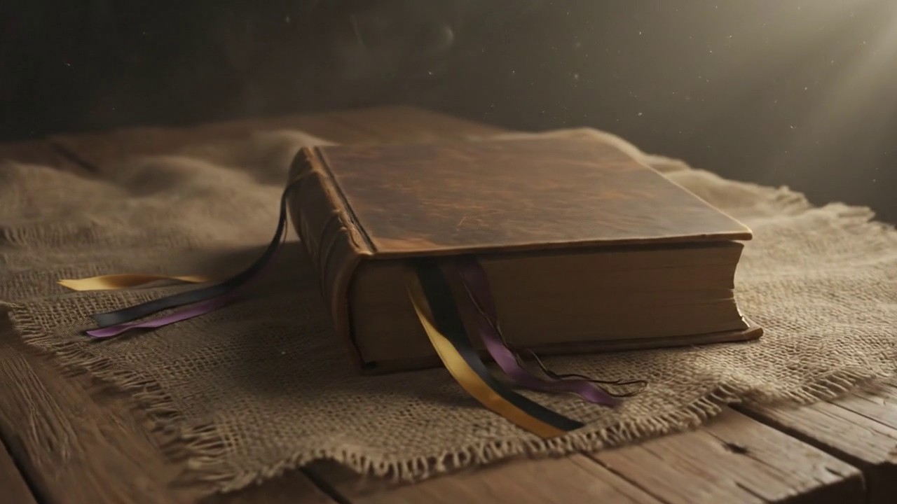 Frame 3: The TRUTH book is mid-opening. The cover lifts from the right side, leather spine bending. The ribbon bookmarks drape across the burlap. The pages are not yet visible. The moment of opening has begun.