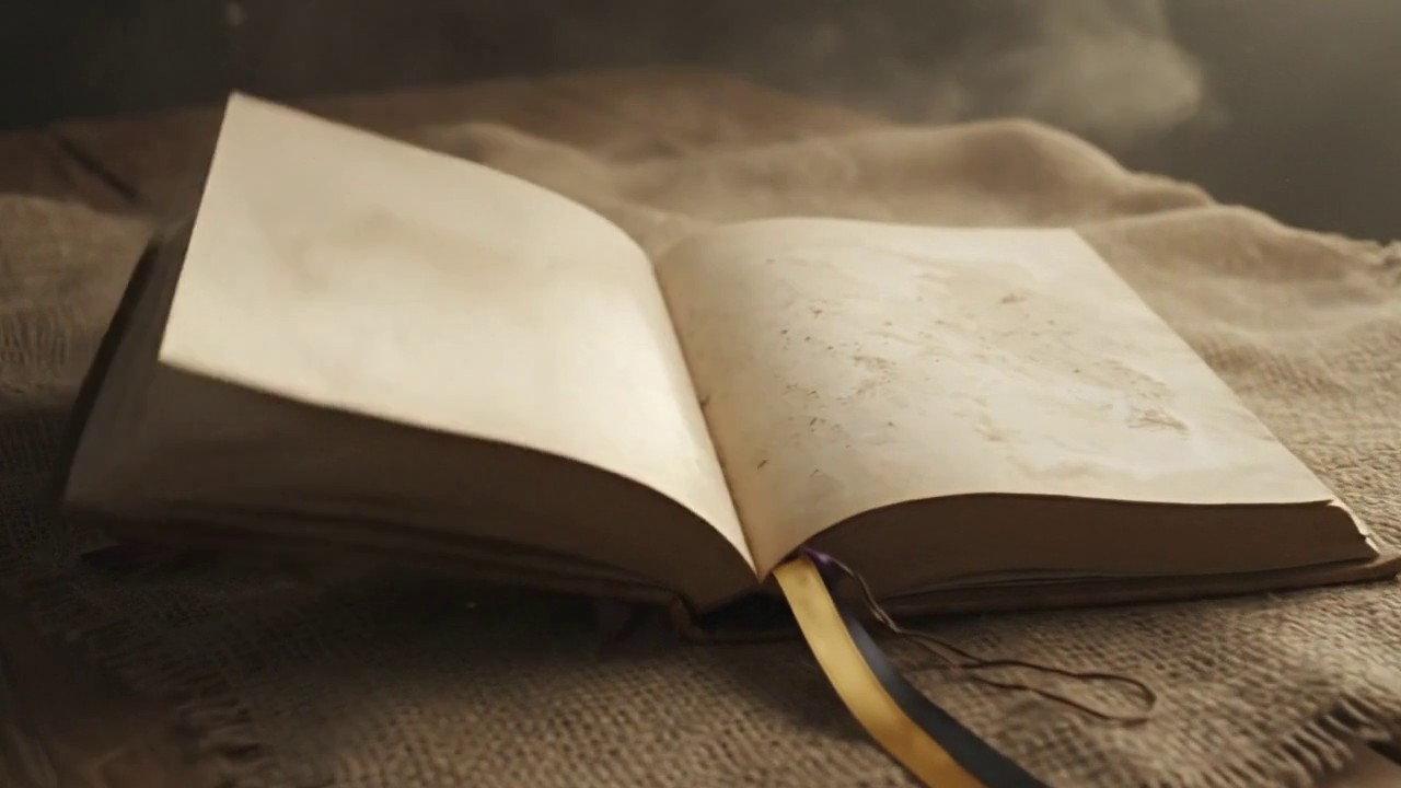 Frame 4: The TRUTH book lies fully open on the burlap cloth. Both pages are blank — aged vellum with faint foxing and wear, but no text. The gold ribbon bookmark trails down the spine. The book has opened to say nothing yet.