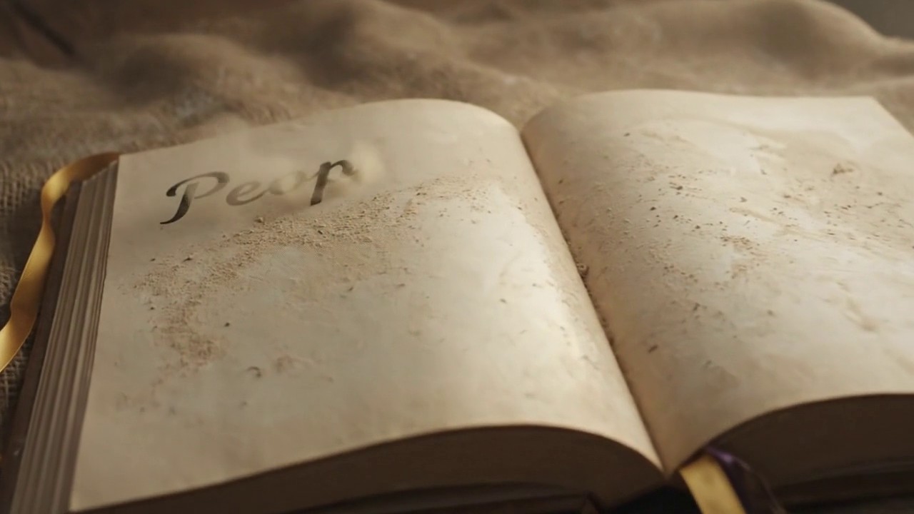 Frame 5: Handwritten script begins appearing on the left page of the open book. The letters 'Peop' are visible in dark ink, emerging through a haze of dust or smoke. The writing is forming but not yet complete.